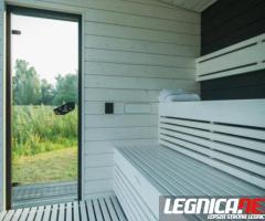 Sauna ogrodowa z oknem panoramicznym, sauny ogrodowe