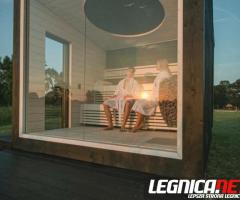 Sauna ogrodowa z oknem panoramicznym, sauny ogrodowe