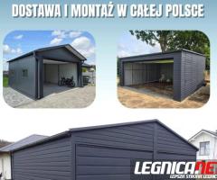 Garaż blaszany w kolorze grafit z bramą uchylną i dodatkami